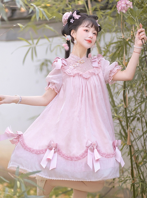 Lovely Ancient Style Peach Blossom Dark Pattern Lace Stand Collar Pearl Bowknot Small Bell Decoration Sweet Lolita Puff Sleeve Dress