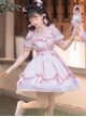 Lovely Ancient Style Peach Blossom Dark Pattern Lace Stand Collar Pearl Bowknot Small Bell Decoration Sweet Lolita Puff Sleeve Dress