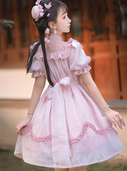 Lovely Ancient Style Peach Blossom Dark Pattern Lace Stand Collar Pearl Bowknot Small Bell Decoration Sweet Lolita Puff Sleeve Dress