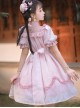 Lovely Ancient Style Peach Blossom Dark Pattern Lace Stand Collar Pearl Bowknot Small Bell Decoration Sweet Lolita Puff Sleeve Dress