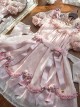 Lovely Ancient Style Peach Blossom Dark Pattern Lace Stand Collar Pearl Bowknot Small Bell Decoration Sweet Lolita Puff Sleeve Dress