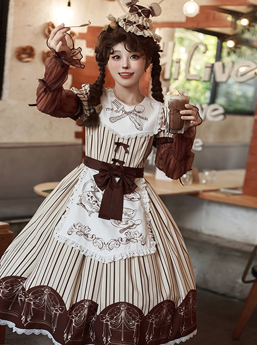 Mera Afternoon Tea Series Classic Exquisite Fork Spoon Embroidery Print Pattern Design Bowknot Decoration Classic Lolita Puff Sleeve Dress Set