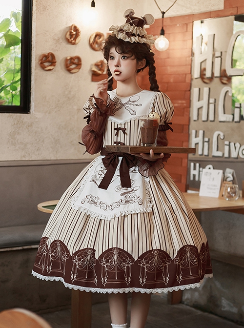 Mera Afternoon Tea Series Classic Exquisite Fork Spoon Embroidery Print Pattern Design Bowknot Decoration Classic Lolita Puff Sleeve Dress Set