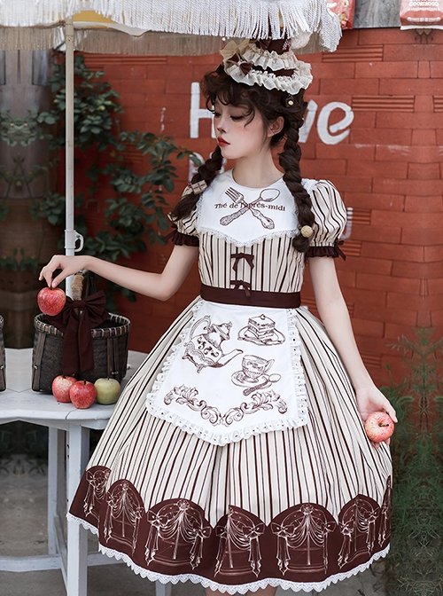 Mera Afternoon Tea Series Classic Exquisite Fork Spoon Embroidery Print Pattern Design Bowknot Decoration Classic Lolita Puff Sleeve Dress Set