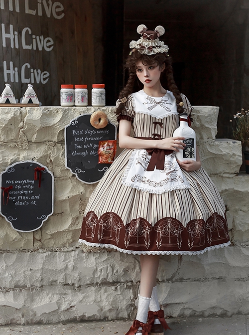 Mera Afternoon Tea Series Classic Exquisite Fork Spoon Embroidery Print Pattern Design Bowknot Decoration Classic Lolita Puff Sleeve Dress Set