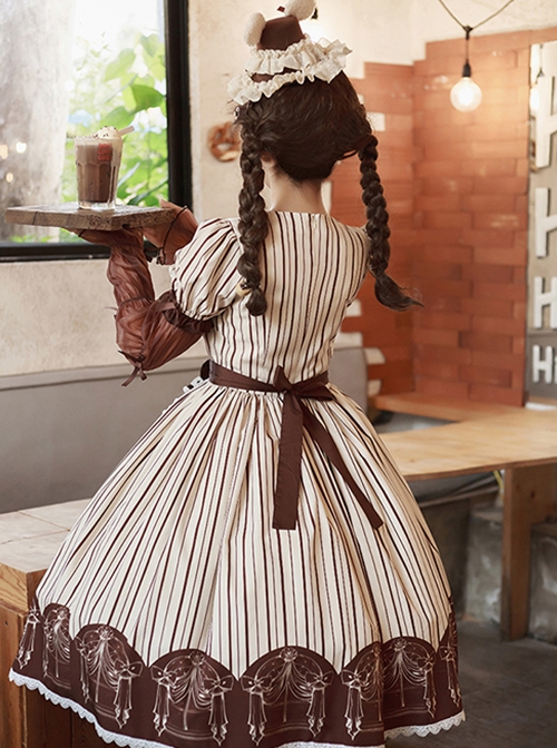 Mera Afternoon Tea Series Classic Exquisite Fork Spoon Embroidery Print Pattern Design Bowknot Decoration Classic Lolita Puff Sleeve Dress Set