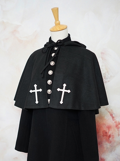 Abstinence Series Elegant Ouji Fashion White Cross Embroidery Hooded Black Lace Up Wool Cape