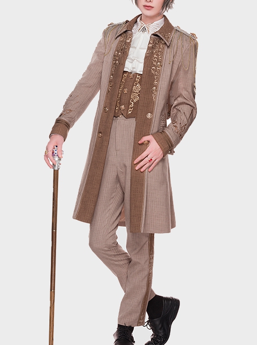 Sheffield Series Khaki Ouji Fashion Embroidery Striped British Military Uniform Style Male Trousers Set