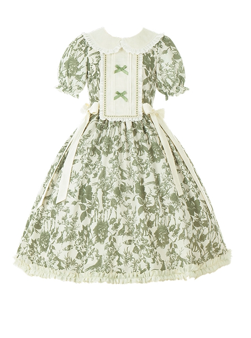 Secret Garden Series Elegant Fresh Doll Collar Bowknot Decorated Green Plant Printed Ruffle Hem Classic Lolita Puff Sleeve Dress