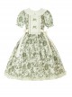 Secret Garden Series Elegant Fresh Doll Collar Bowknot Decorated Green Plant Printed Ruffle Hem Classic Lolita Puff Sleeve Dress