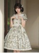 Secret Garden Series Elegant Fresh Doll Collar Bowknot Decorated Green Plant Printed Ruffle Hem Classic Lolita Puff Sleeve Dress