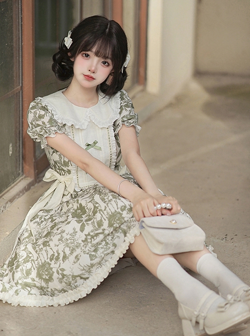 Secret Garden Series Elegant Fresh Doll Collar Bowknot Decorated Green Plant Printed Ruffle Hem Classic Lolita Puff Sleeve Dress