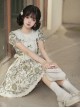 Secret Garden Series Elegant Fresh Doll Collar Bowknot Decorated Green Plant Printed Ruffle Hem Classic Lolita Puff Sleeve Dress