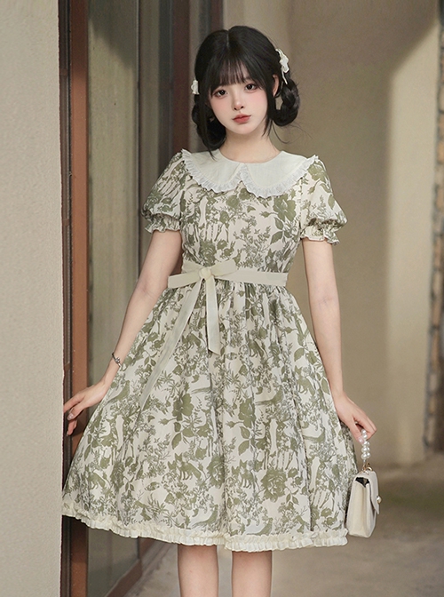 Secret Garden Series Elegant Fresh Doll Collar Bowknot Decorated Green Plant Printed Ruffle Hem Classic Lolita Puff Sleeve Dress