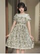 Secret Garden Series Elegant Fresh Doll Collar Bowknot Decorated Green Plant Printed Ruffle Hem Classic Lolita Puff Sleeve Dress