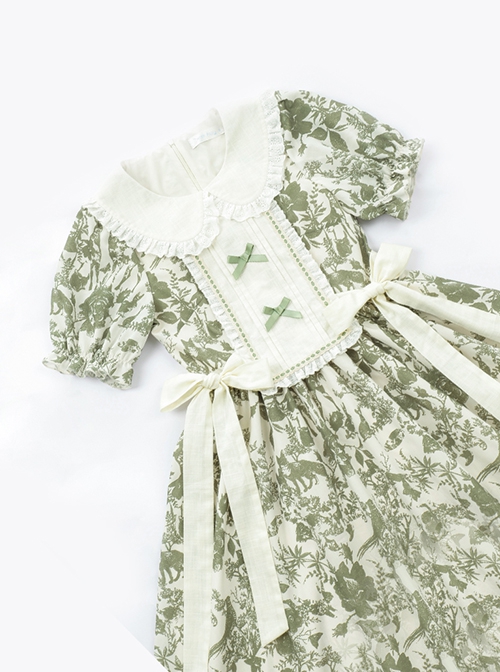 Secret Garden Series Elegant Fresh Doll Collar Bowknot Decorated Green Plant Printed Ruffle Hem Classic Lolita Puff Sleeve Dress