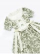 Secret Garden Series Elegant Fresh Doll Collar Bowknot Decorated Green Plant Printed Ruffle Hem Classic Lolita Puff Sleeve Dress