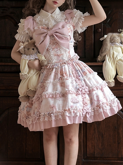 Sewing Doll Series Cute Daily Animal Doll Print Bowknot Decoration Multi Layer Ruffled Skirt Sweet Lolita Skirt Camisole Top Set