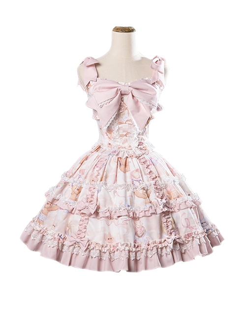 Sewing Doll Series Cute Daily Animal Doll Print Bowknot Decoration Multi Layer Ruffled Skirt Sweet Lolita Skirt Camisole Top Set