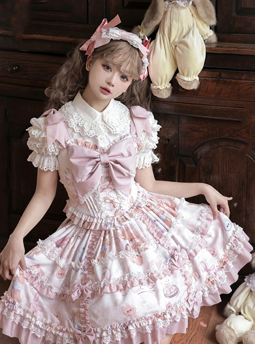 Sewing Doll Series Cute Daily Animal Doll Print Bowknot Decoration Multi Layer Ruffled Skirt Sweet Lolita Skirt Camisole Top Set