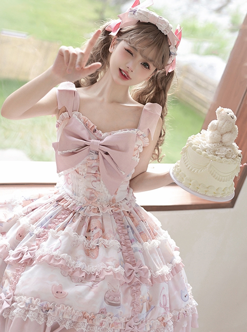 Sewing Doll Series Cute Daily Animal Doll Print Bowknot Decoration Multi Layer Ruffled Skirt Sweet Lolita Skirt Camisole Top Set