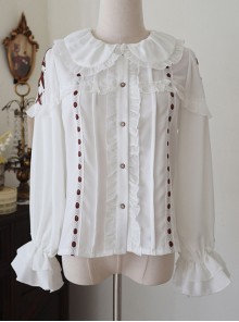 Spring Autumn Daily Doll Collar Brown Ribbon Lace Sweet Lolita White Ruffle Long Sleeve Blouse