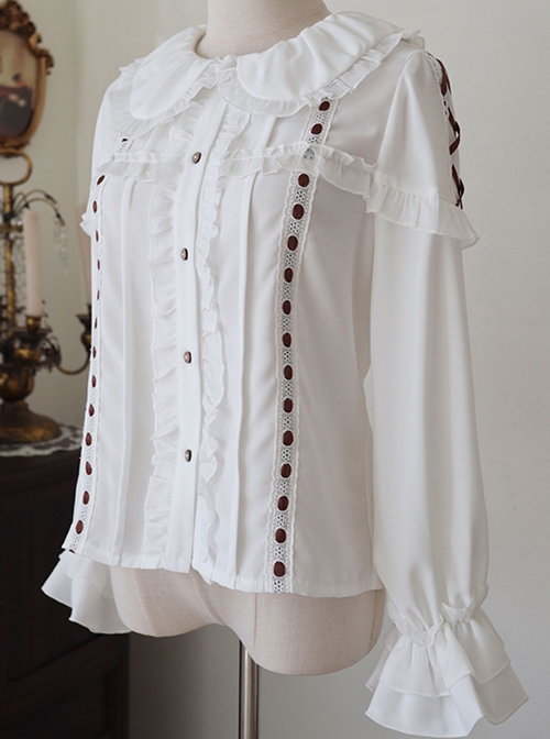 Spring Autumn Daily Doll Collar Brown Ribbon Lace Sweet Lolita White Ruffle Long Sleeve Blouse