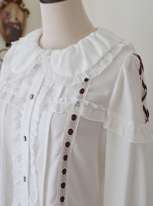 Spring Autumn Daily Doll Collar Brown Ribbon Lace Sweet Lolita White Ruffle Long Sleeve Blouse