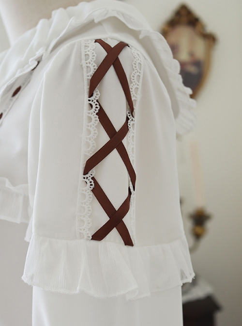 Spring Autumn Daily Doll Collar Brown Ribbon Lace Sweet Lolita White Ruffle Long Sleeve Blouse