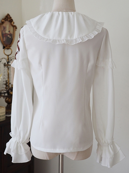 Spring Autumn Daily Doll Collar Brown Ribbon Lace Sweet Lolita White Ruffle Long Sleeve Blouse