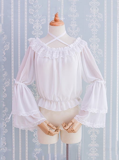 Daily All Match Ruffle Neckline Lace Double Lace Trumpet Cuffs Sweet Lolita Long Sleeve Inner Bottoming Shirt