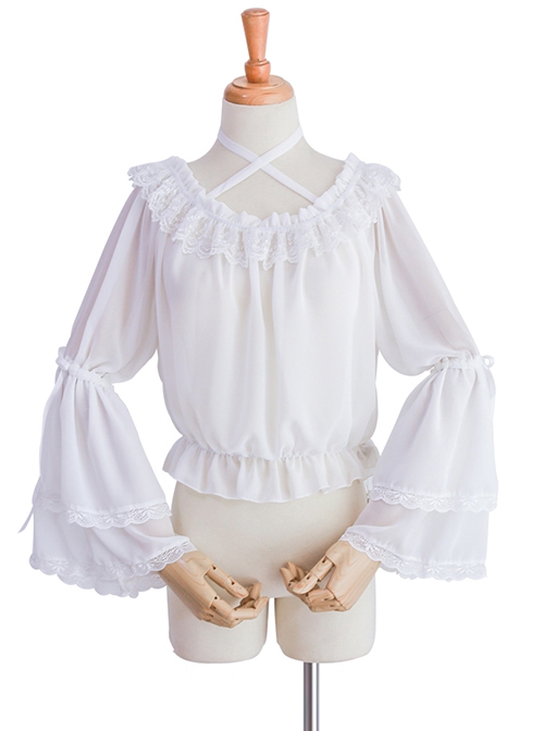 Daily All Match Ruffle Neckline Lace Double Lace Trumpet Cuffs Sweet Lolita Long Sleeve Inner Bottoming Shirt