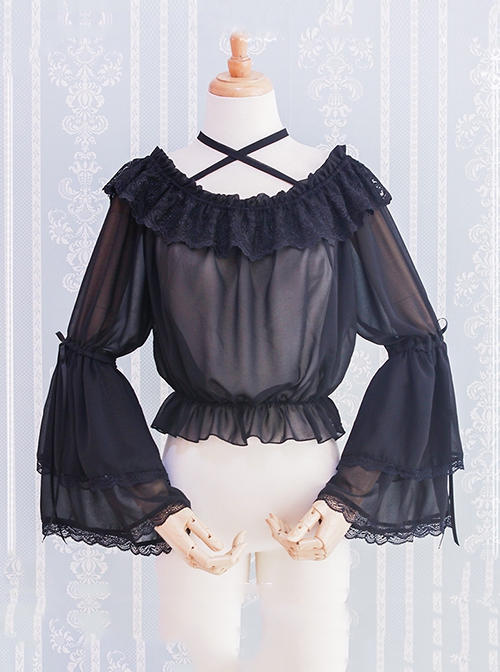 Daily All Match Ruffle Neckline Lace Double Lace Trumpet Cuffs Sweet Lolita Long Sleeve Inner Bottoming Shirt