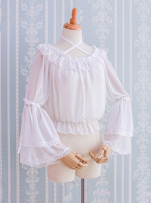 Daily All Match Ruffle Neckline Lace Double Lace Trumpet Cuffs Sweet Lolita Long Sleeve Inner Bottoming Shirt