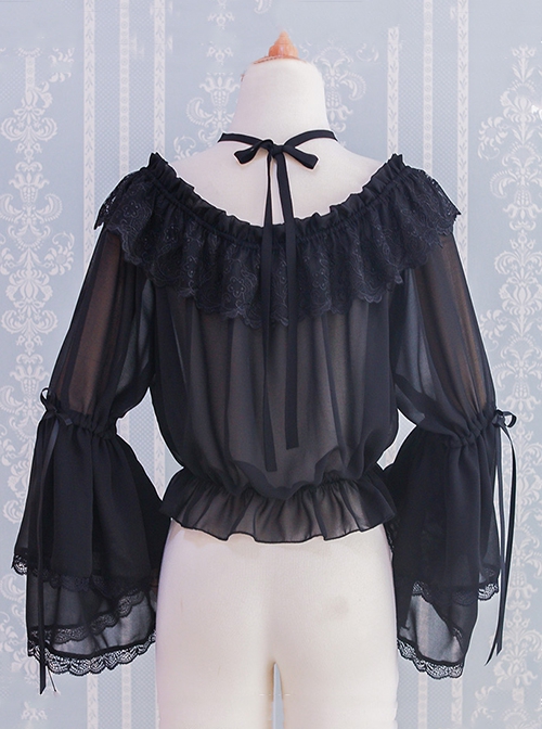 Daily All Match Ruffle Neckline Lace Double Lace Trumpet Cuffs Sweet Lolita Long Sleeve Inner Bottoming Shirt