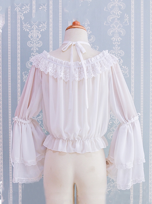 Daily All Match Ruffle Neckline Lace Double Lace Trumpet Cuffs Sweet Lolita Long Sleeve Inner Bottoming Shirt