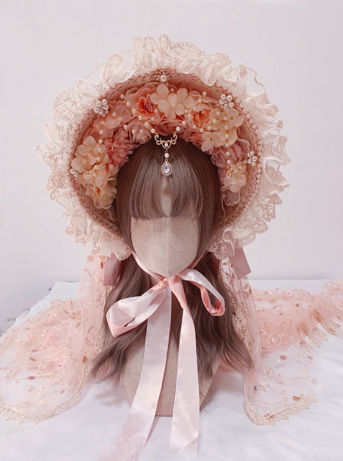 Spring Gift Box Series Handmade Flower Wedding Gorgeous Tea Party Pearl Flower Lace Decoration Ribbon Veil Classic Lolita Hat