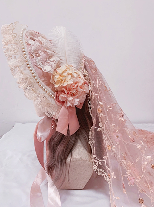 Spring Gift Box Series Handmade Flower Wedding Gorgeous Tea Party Pearl Flower Lace Decoration Ribbon Veil Classic Lolita Hat