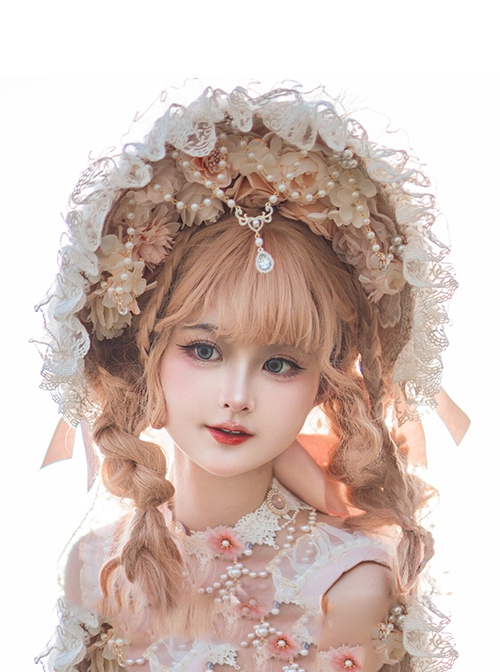 Spring Gift Box Series Handmade Flower Wedding Gorgeous Tea Party Pearl Flower Lace Decoration Ribbon Veil Classic Lolita Hat