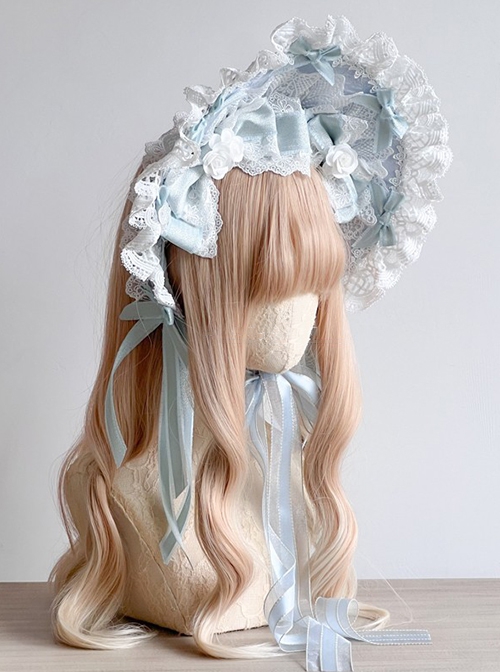 Gorgeous Delicate Handmade Bowknot Flower Decoration Ribbon Lace Design Classic Lolita Ice Blue Bonnet Headband