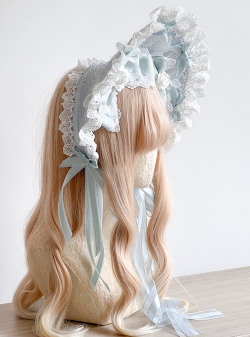 Gorgeous Delicate Handmade Bowknot Flower Decoration Ribbon Lace Design Classic Lolita Ice Blue Bonnet Headband