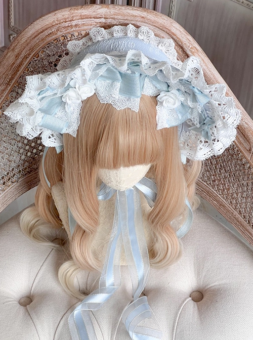 Gorgeous Delicate Handmade Bowknot Flower Decoration Ribbon Lace Design Classic Lolita Ice Blue Bonnet Headband