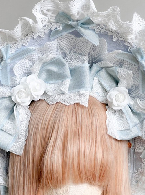 Gorgeous Delicate Handmade Bowknot Flower Decoration Ribbon Lace Design Classic Lolita Ice Blue Bonnet Headband