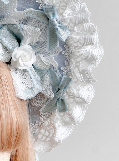 Gorgeous Delicate Handmade Bowknot Flower Decoration Ribbon Lace Design Classic Lolita Ice Blue Bonnet Headband