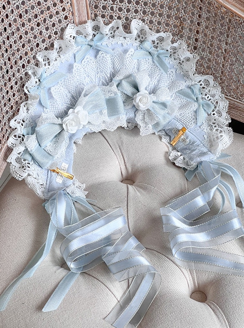 Gorgeous Delicate Handmade Bowknot Flower Decoration Ribbon Lace Design Classic Lolita Ice Blue Bonnet Headband