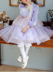 Princess Rapunzel Gold Silk Grid Decorated Lace Design Pearlescent Fabric Kid Sweet Lolita Purple Long Sleeve Dress