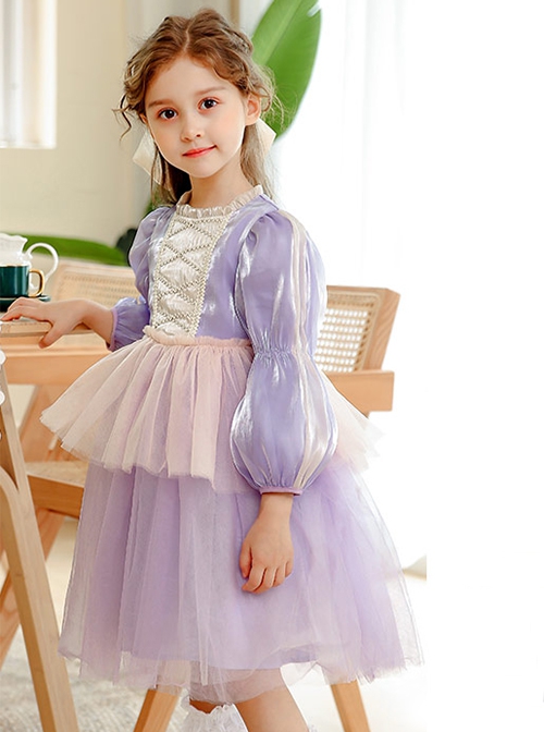 Princess Rapunzel Gold Silk Grid Decorated Lace Design Pearlescent Fabric Kid Sweet Lolita Purple Long Sleeve Dress