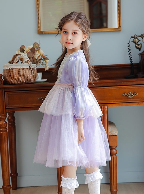 Princess Rapunzel Gold Silk Grid Decorated Lace Design Pearlescent Fabric Kid Sweet Lolita Purple Long Sleeve Dress