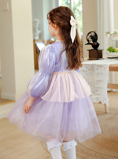 Princess Rapunzel Gold Silk Grid Decorated Lace Design Pearlescent Fabric Kid Sweet Lolita Purple Long Sleeve Dress