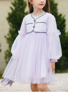 Daily Elegant Small Fragrance Style Front Button Design Sweet Lolita Kid Purple Long Sleeve Dress